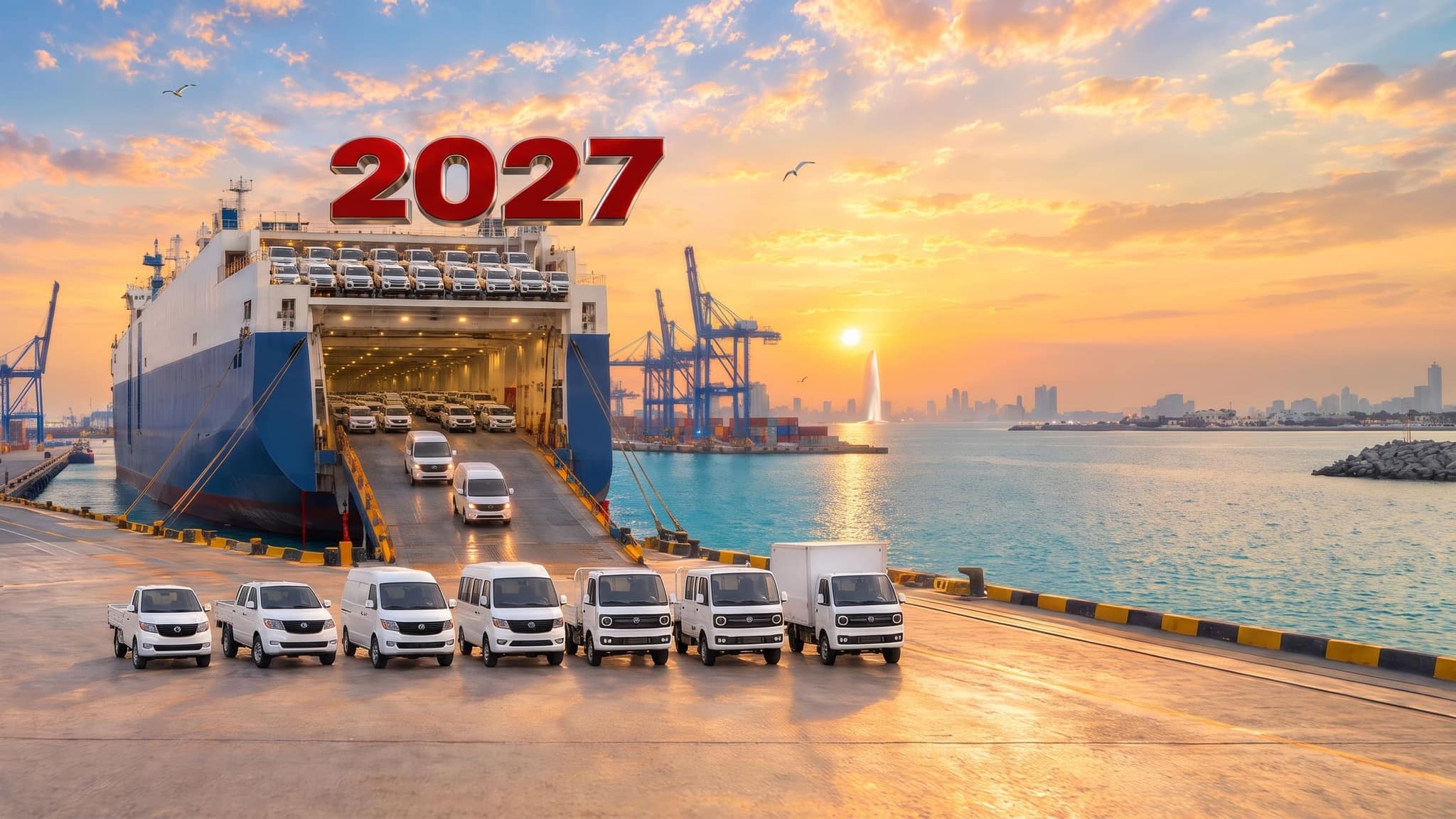فانات وشاحنات فيكتوري مصطفّة على رصيف الميناء أمام سفينة نقل السيارات، وفوقها الرقم 2027