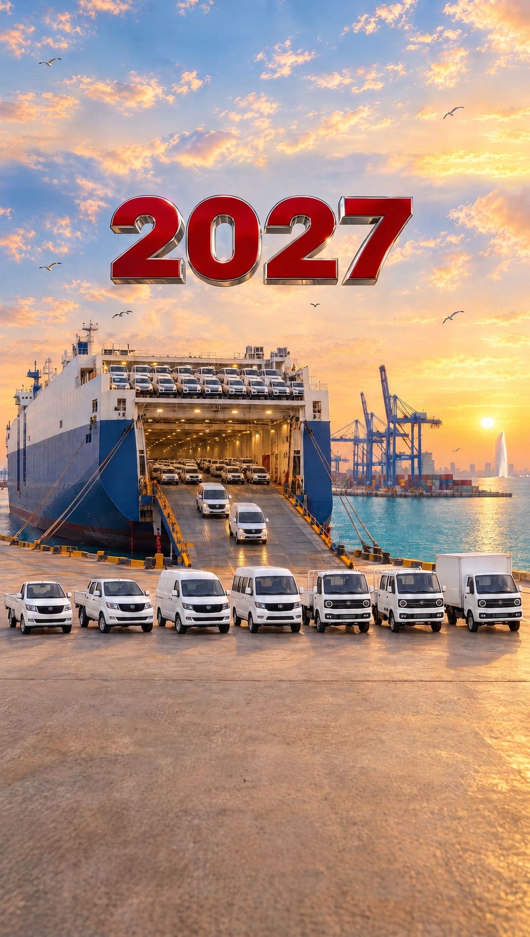فانات وشاحنات فيكتوري مصطفّة على رصيف الميناء أمام سفينة نقل السيارات، وفوقها الرقم 2027