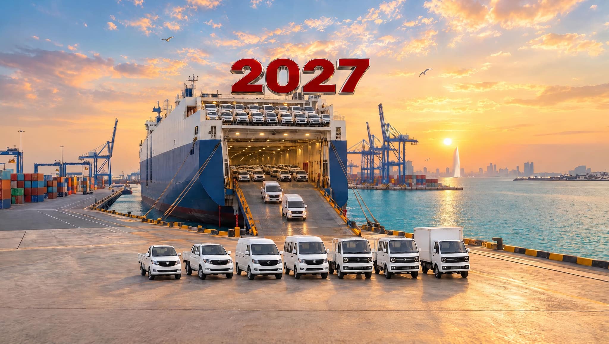 فانات وشاحنات فيكتوري مصطفّة على رصيف الميناء أمام سفينة نقل السيارات، وفوقها الرقم 2027